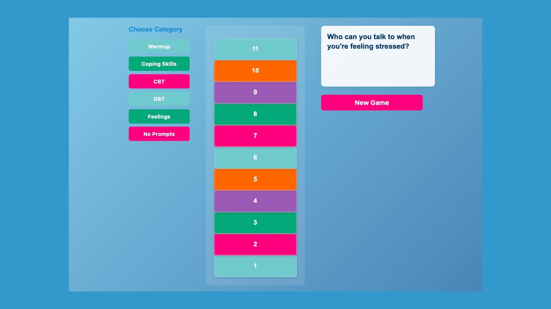 Play this fun tumbling block game as you and your client discuss topics like coping skills, CBT, and DBT techniques